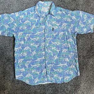 Columbia Mens Shirt XL Blue Marlin Swordfish All Over‎ Print Fishing Vintage 90s